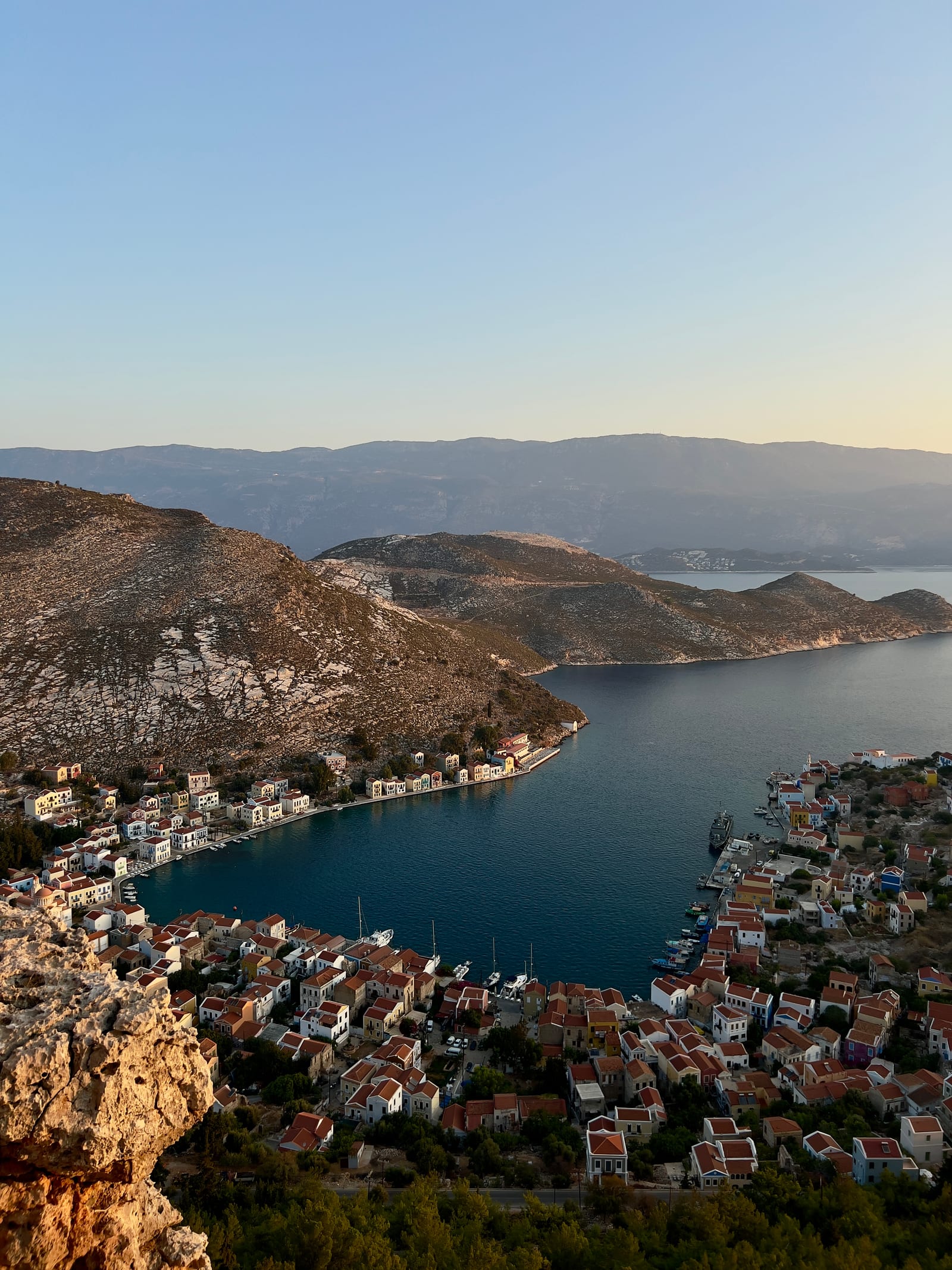 Kastellorizo harbour at sunset from above